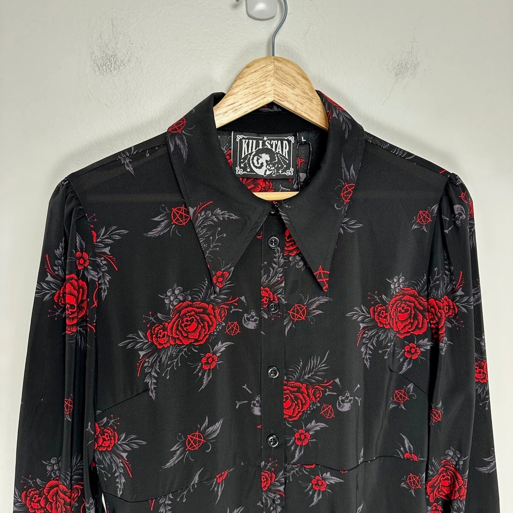 Killstar Red Rose Skull Pentagram High Low Midi Dress Pandora Shirt Dress L - Picture 5 of 11